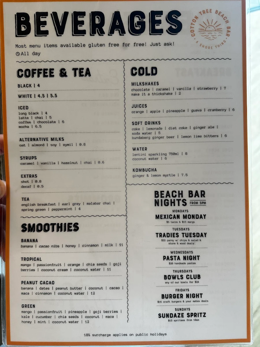 Menu, Cotton Tree Beach Bar