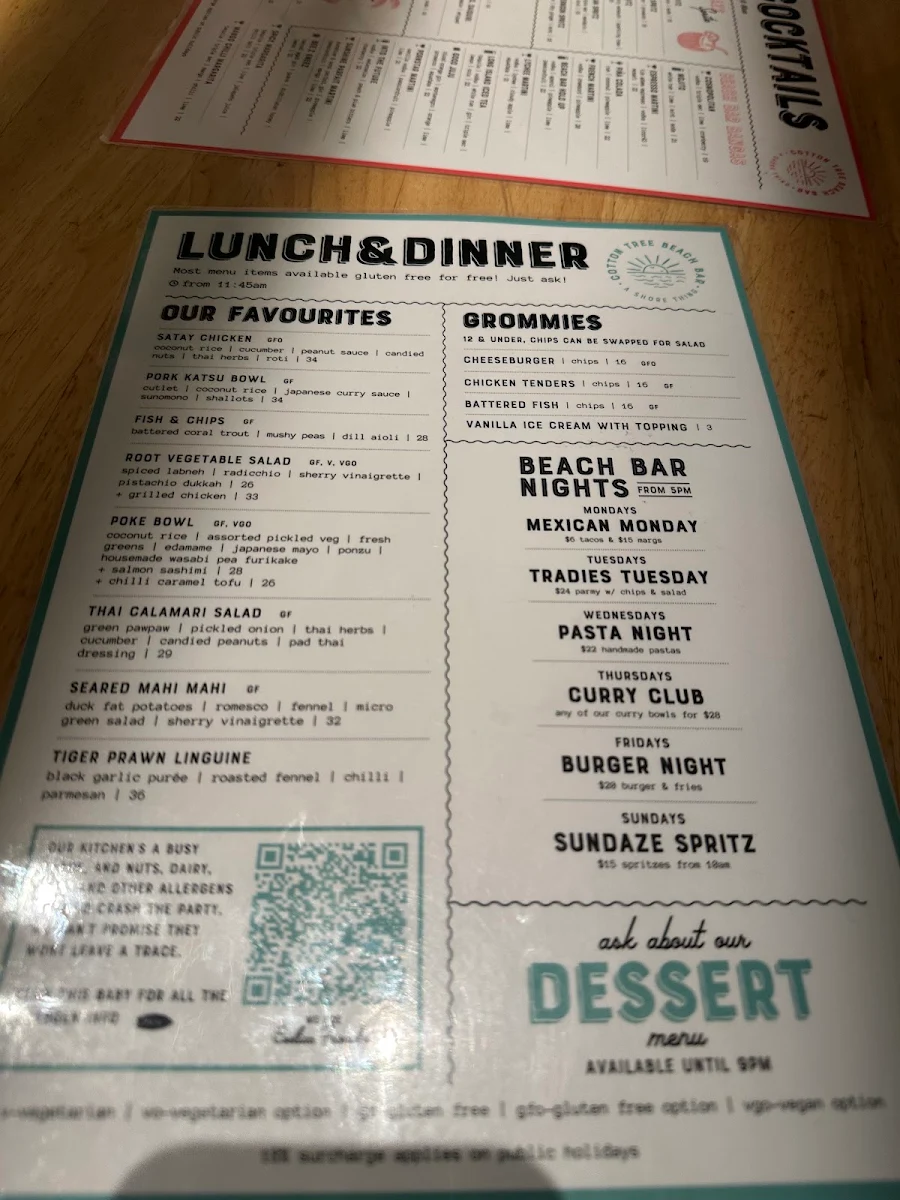 Menu, Cotton Tree Beach Bar