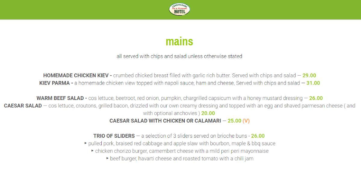 Menu, Cunninghams Hotel