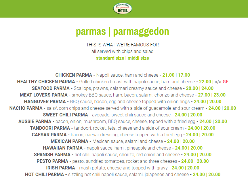 Menu, Cunninghams Hotel