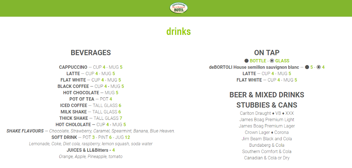Menu, Cunninghams Hotel