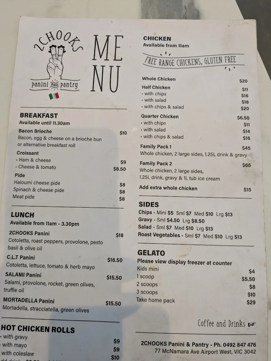 Menu, 2chooks Panini & Pantry