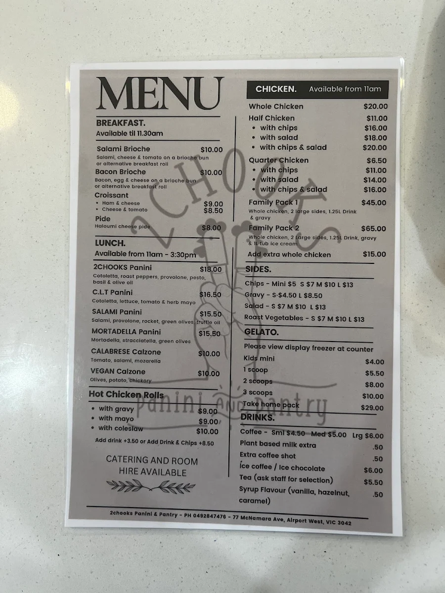 Menu, 2chooks Panini & Pantry