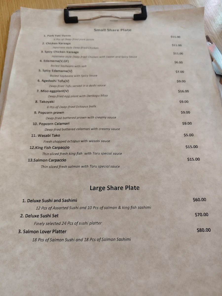 Menu, Toru