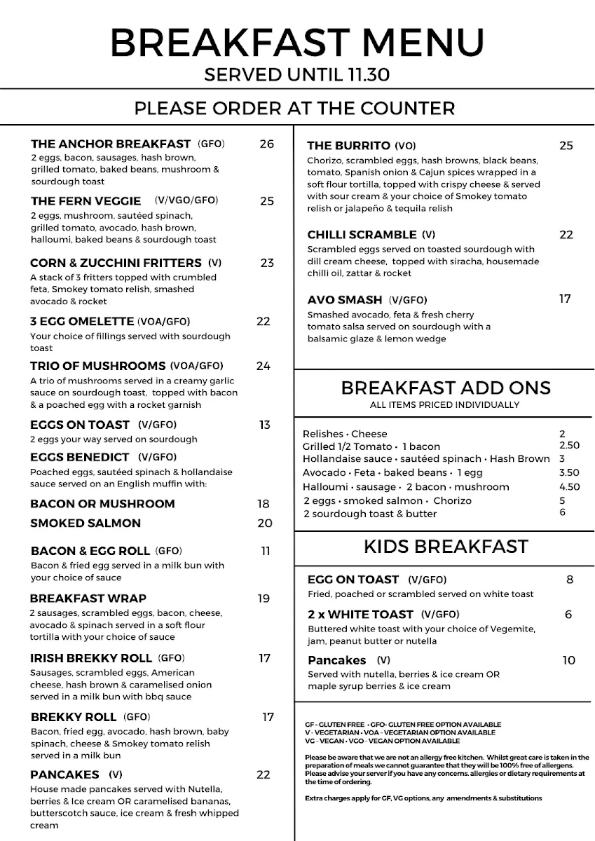 Menu, The Fern & Anchor