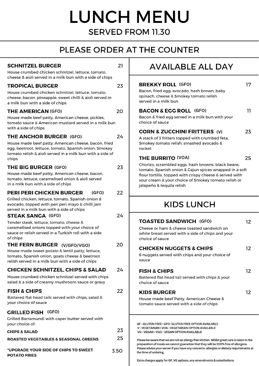 Menu, The Fern & Anchor
