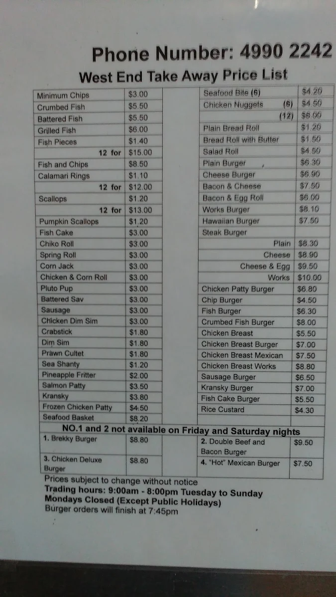 Menu, West End Take Away