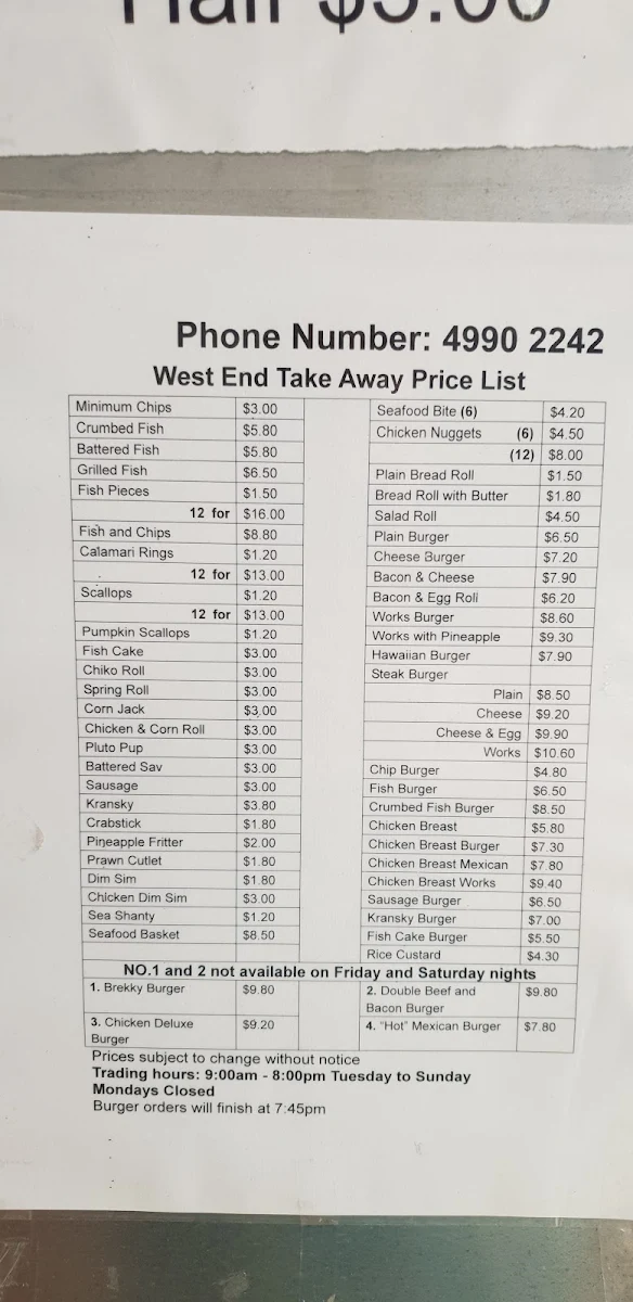 Menu, West End Take Away