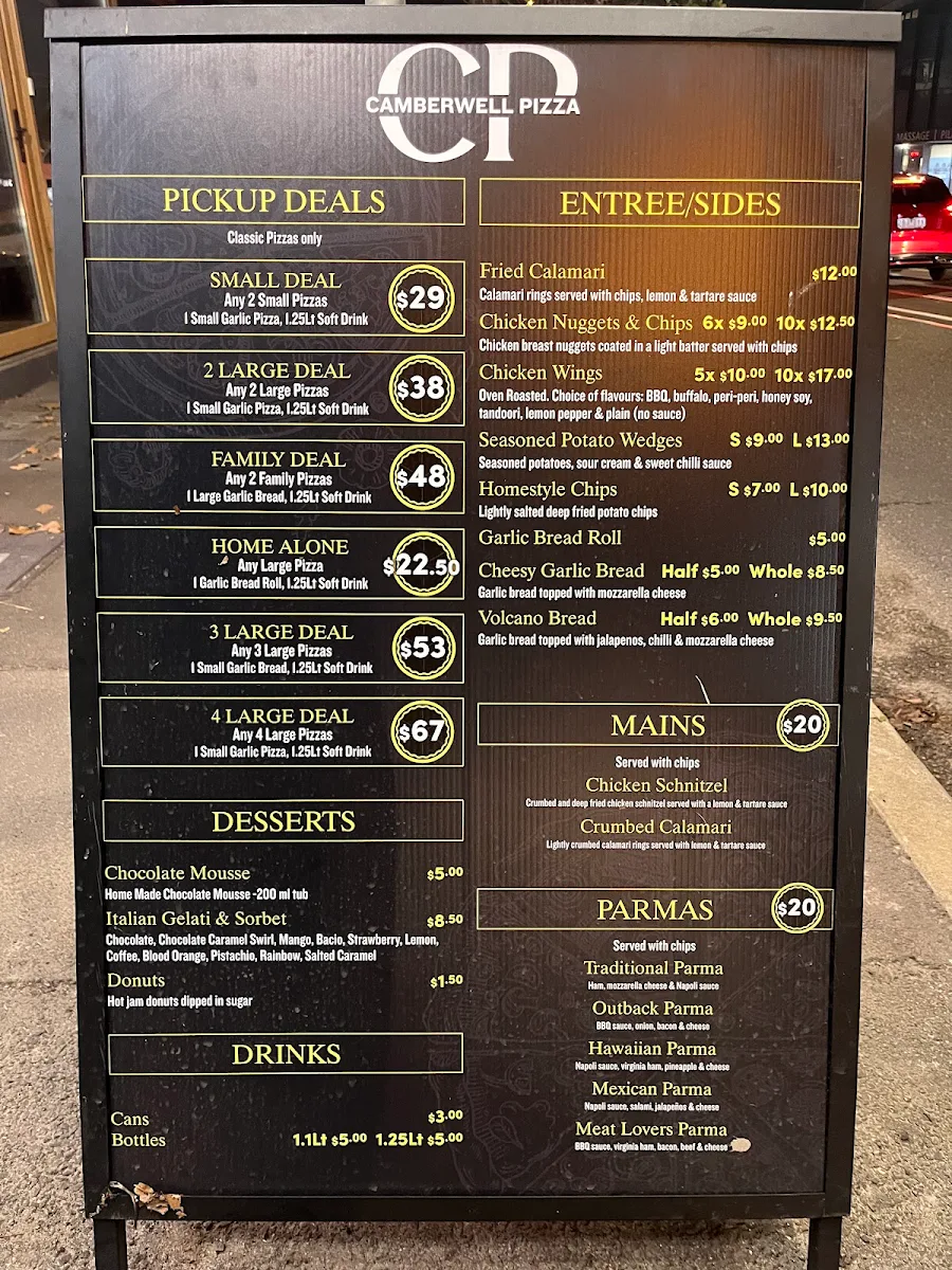 Menu, Camberwell Pizza