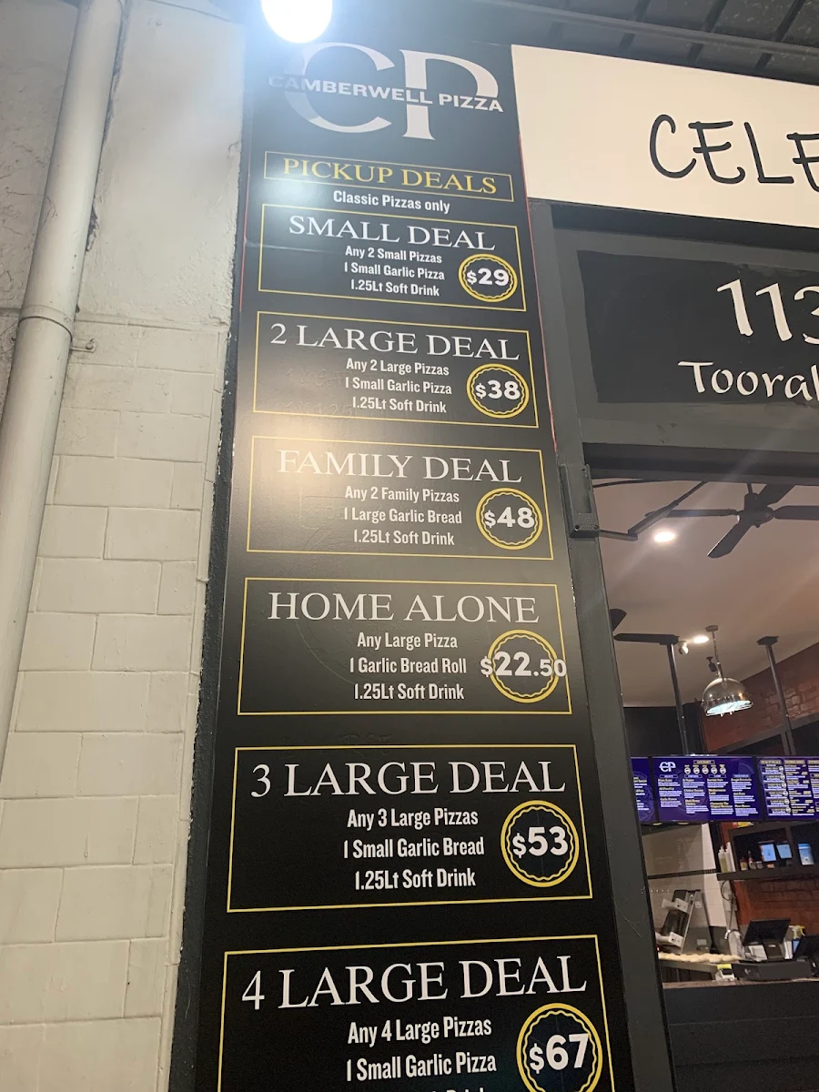 Menu, Camberwell Pizza
