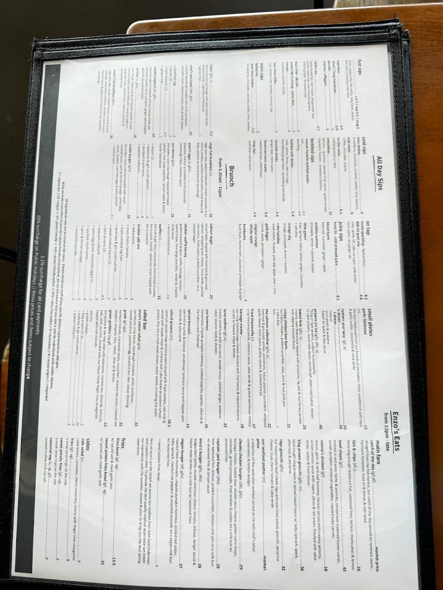 Menu, Enzo's on the Beach