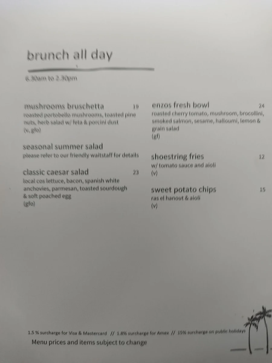 Menu, Enzo's on the Beach