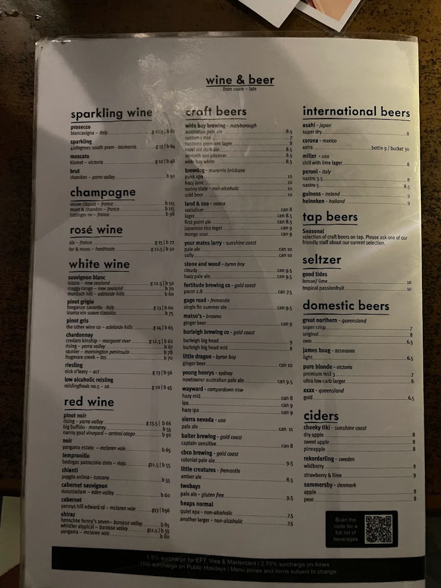 Menu, Enzo's on the Beach