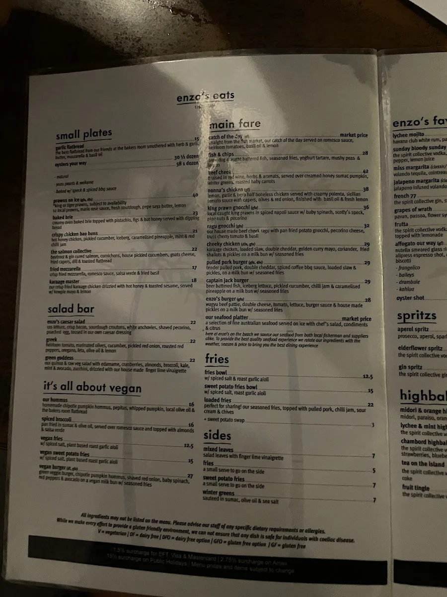 Menu, Enzo's on the Beach