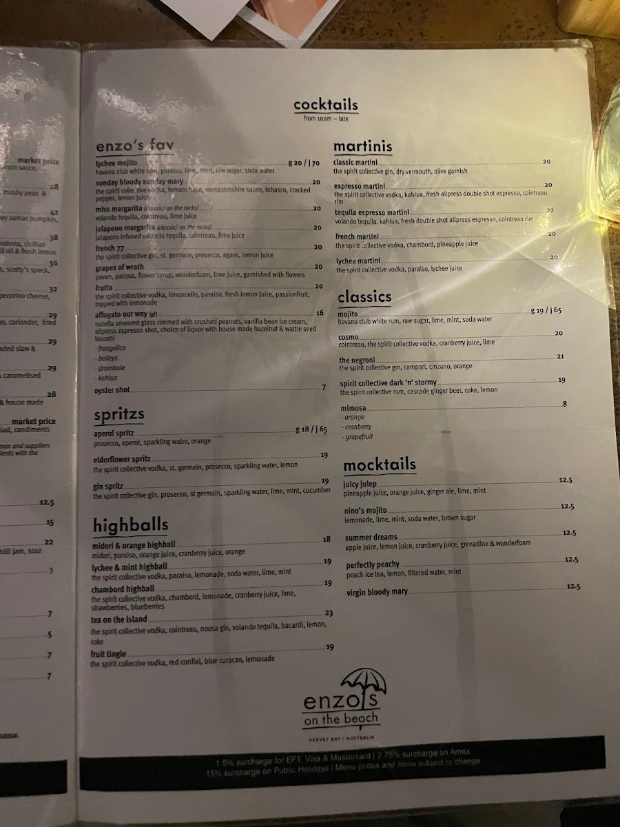 Menu, Enzo's on the Beach