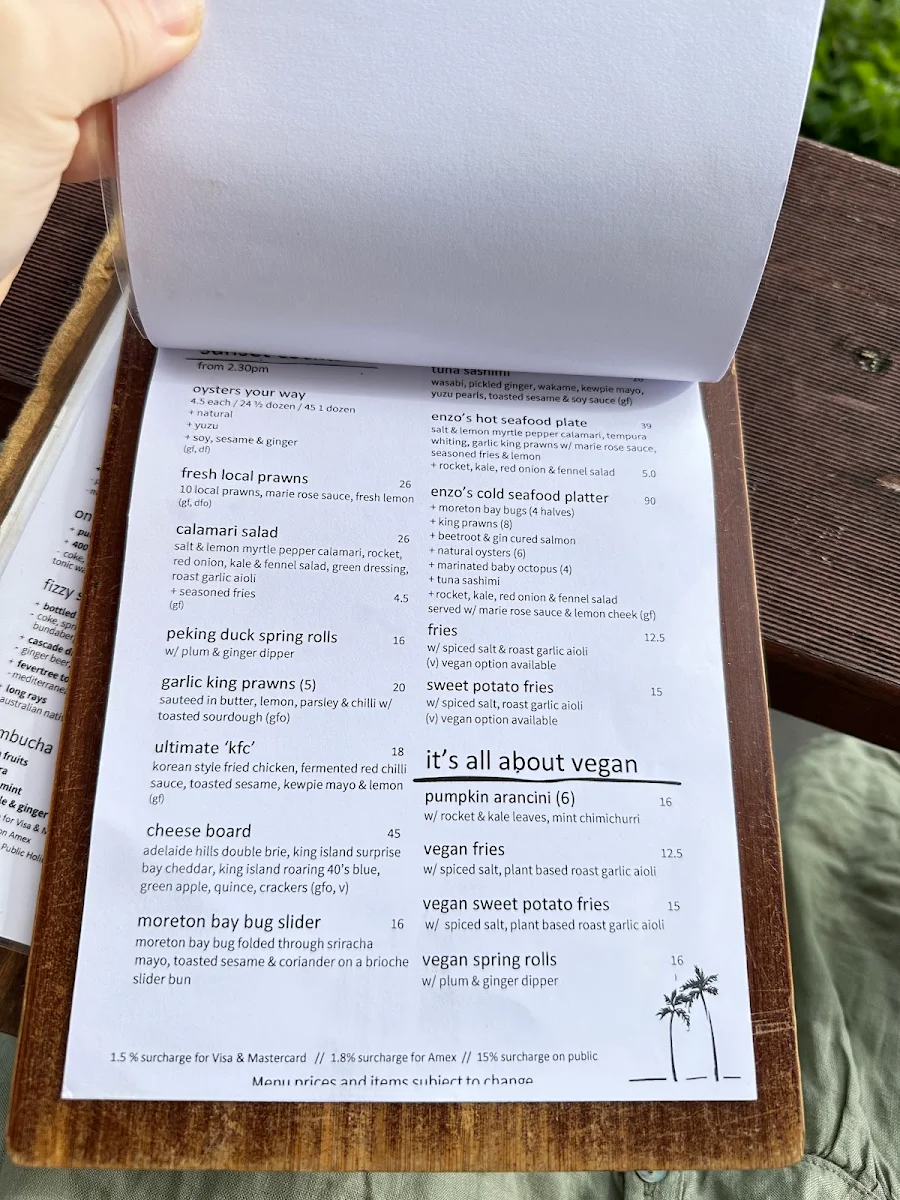Menu, Enzo's on the Beach