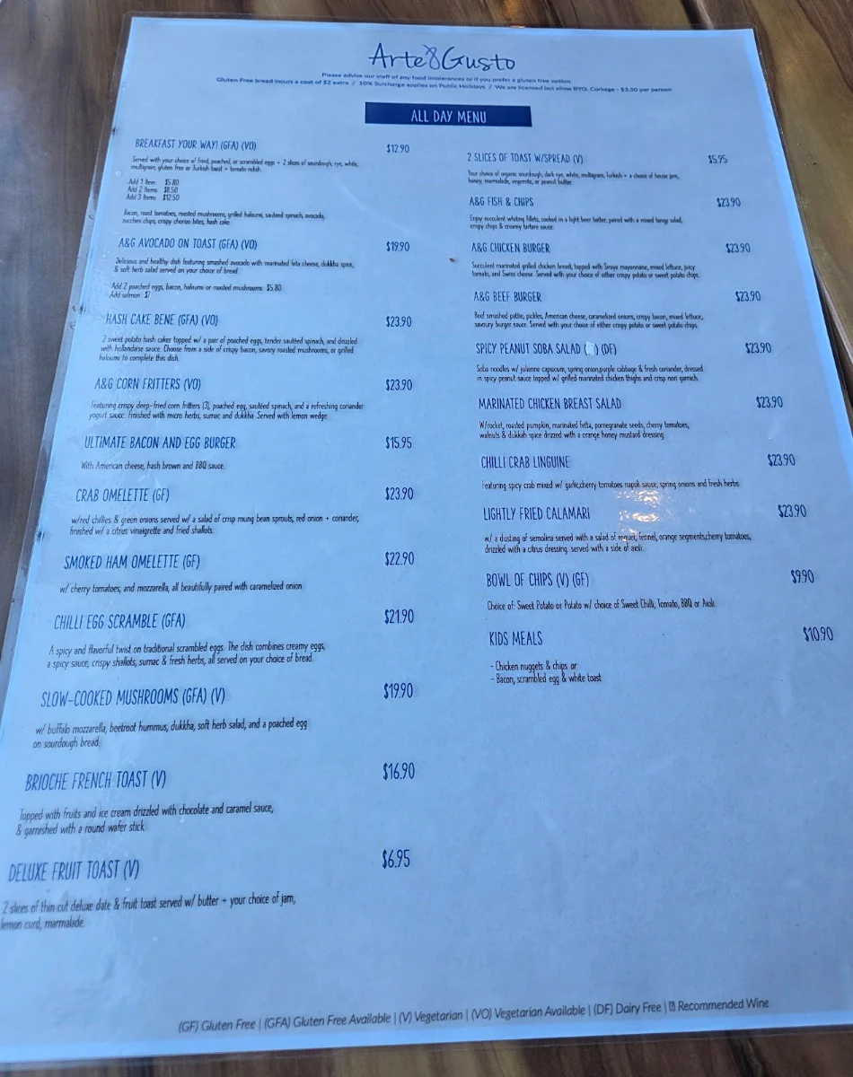 Menu, Arte & Gusto Cafe Bar