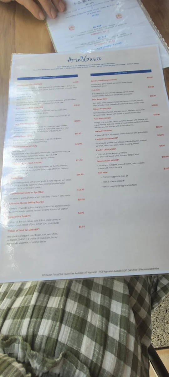 Menu, Arte & Gusto Cafe Bar