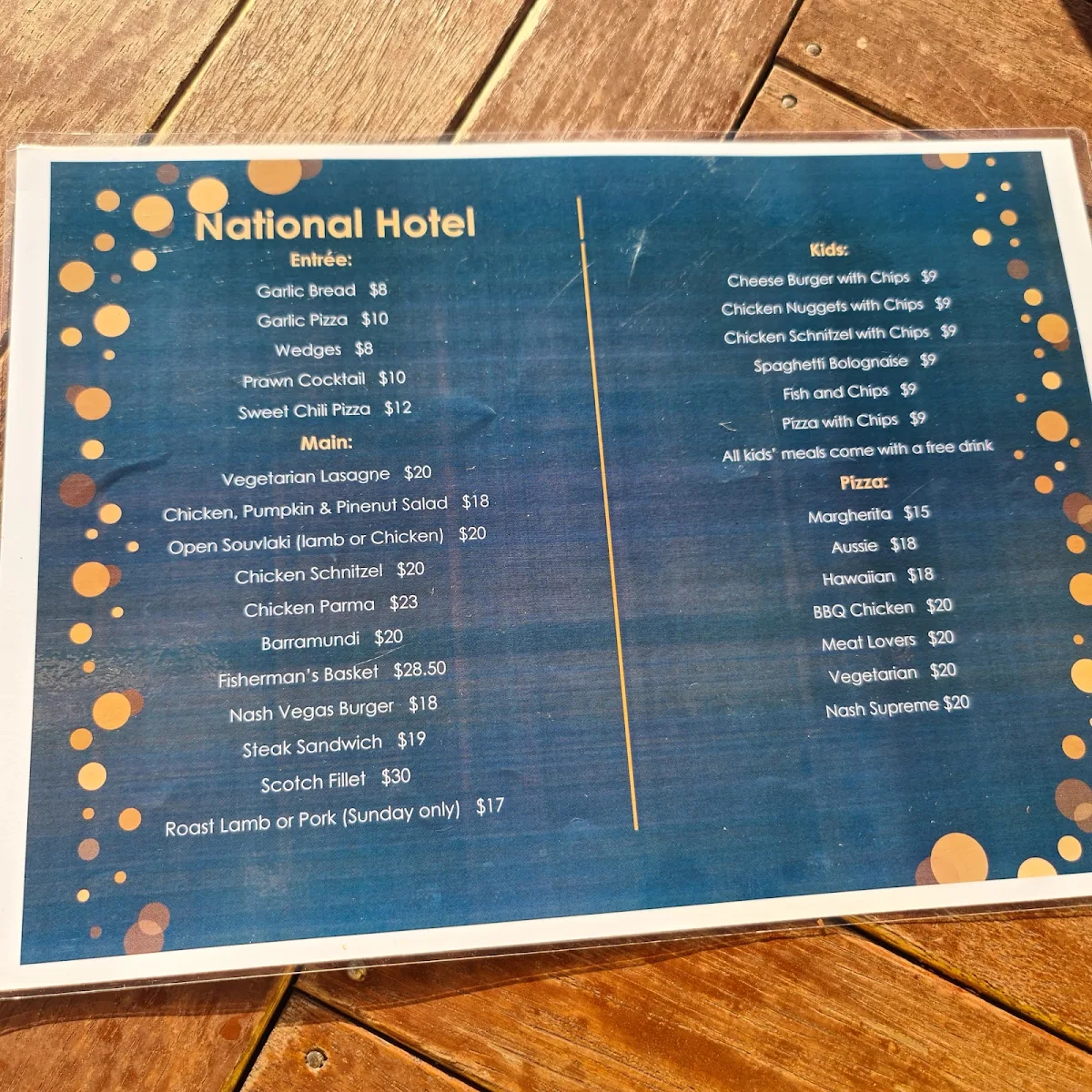 Menu, National Hotel