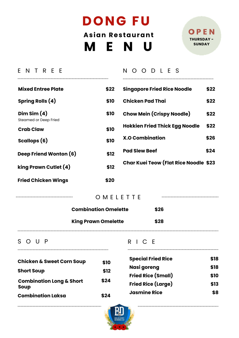 Menu, Chinese Restaurant at Barellan Club