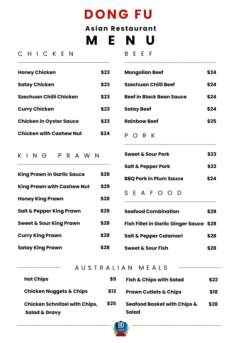 Menu, Chinese Restaurant at Barellan Club
