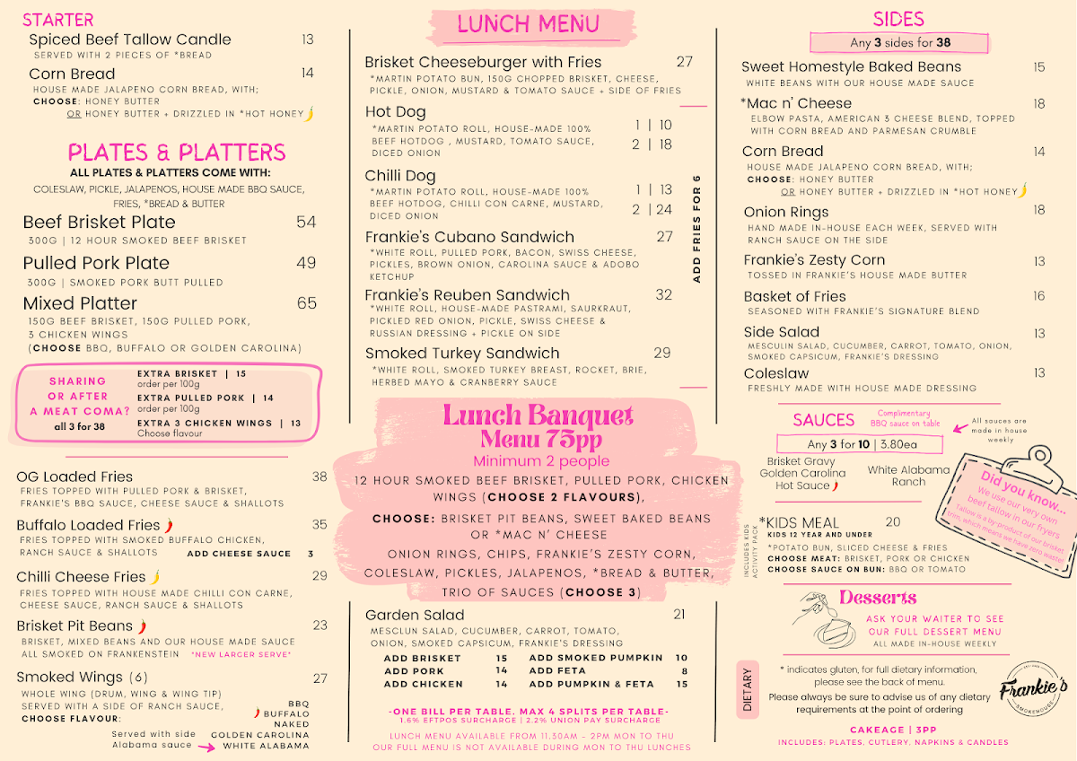 Menu, Frankie's Smokehouse