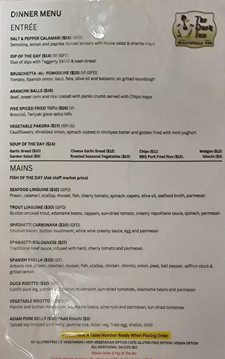 Menu, The Duck Inn