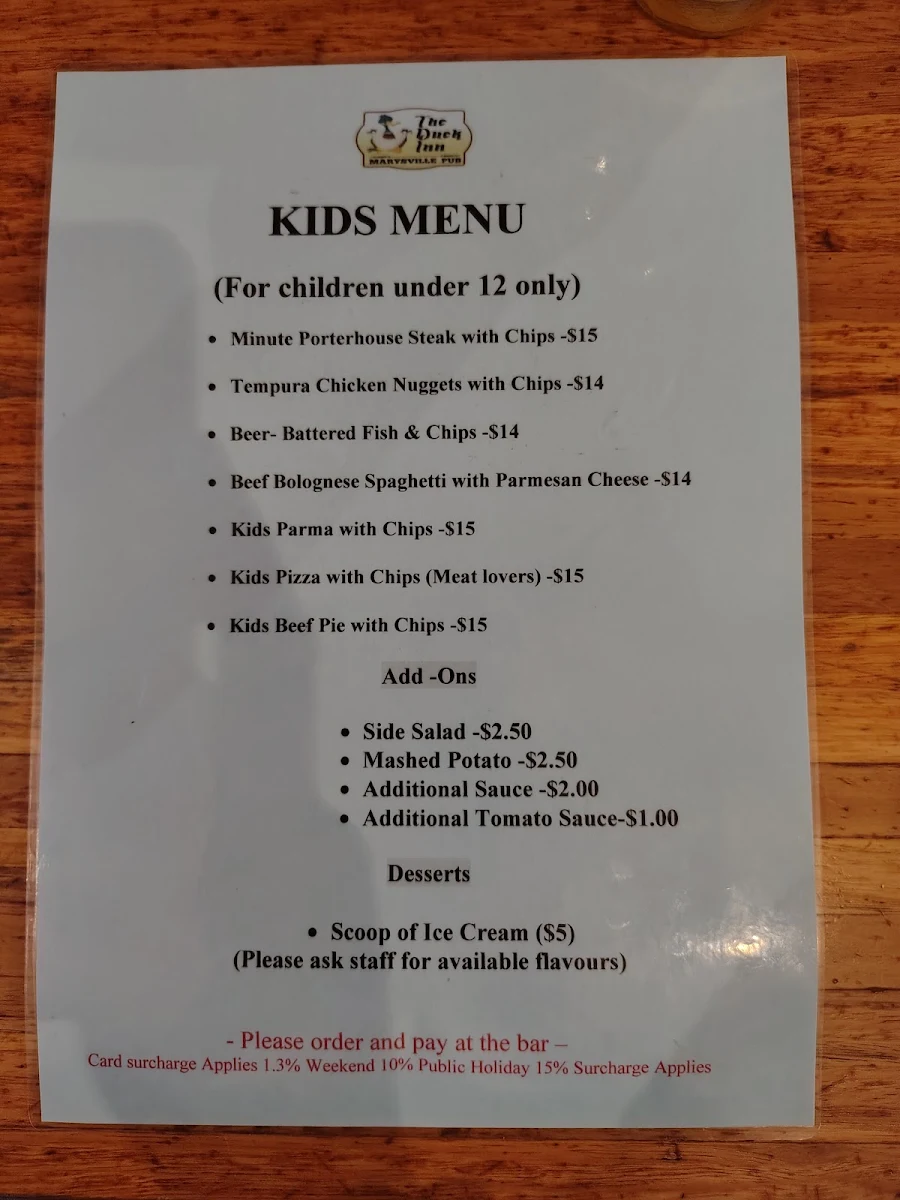 Menu, The Duck Inn