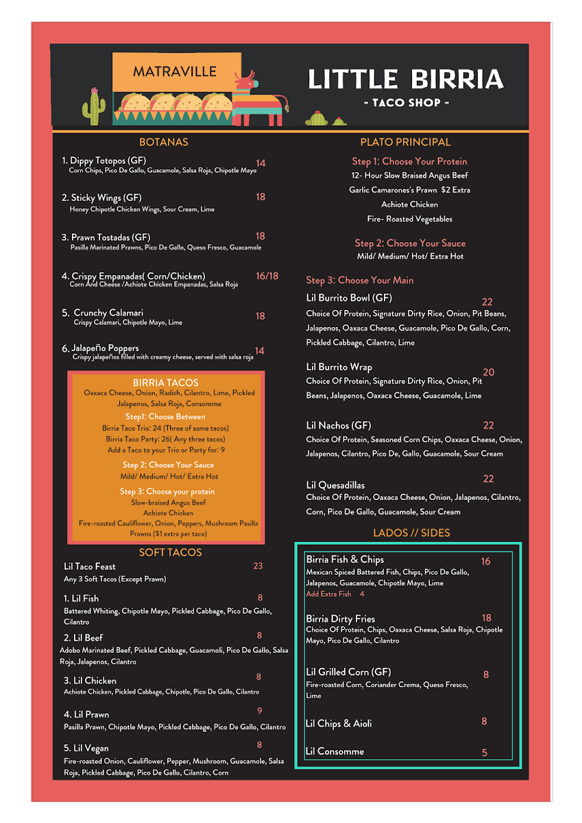 Menu, Little Birria Matraville