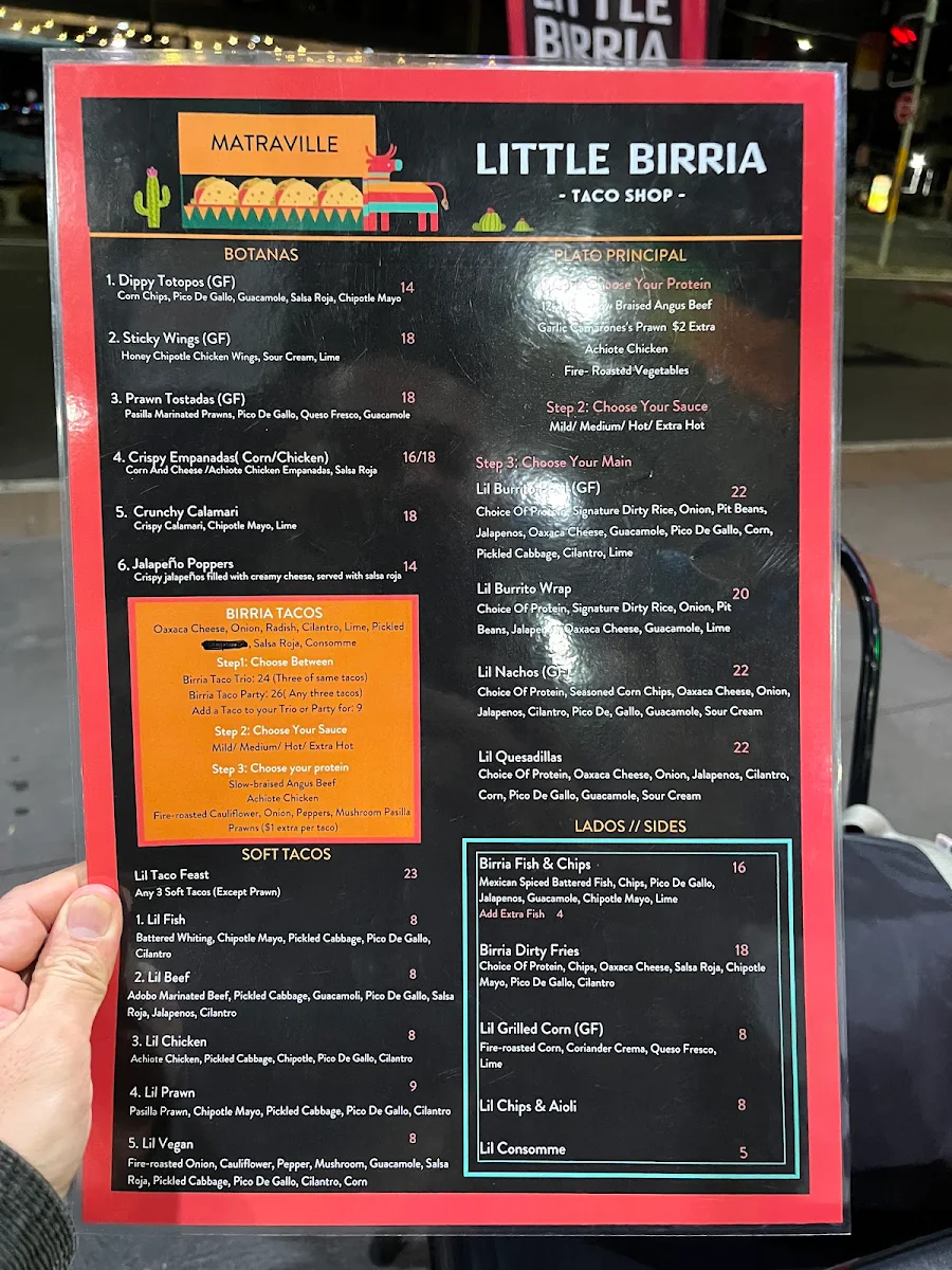 Menu, Little Birria Matraville
