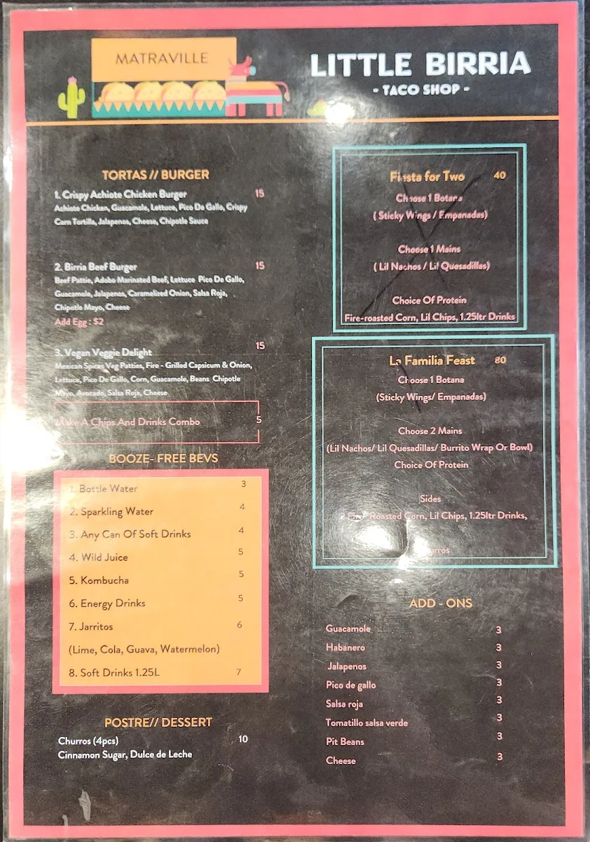 Menu, Little Birria Matraville