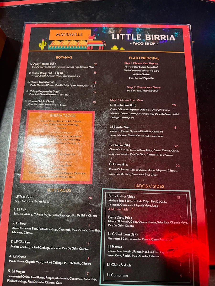 Menu, Little Birria Matraville