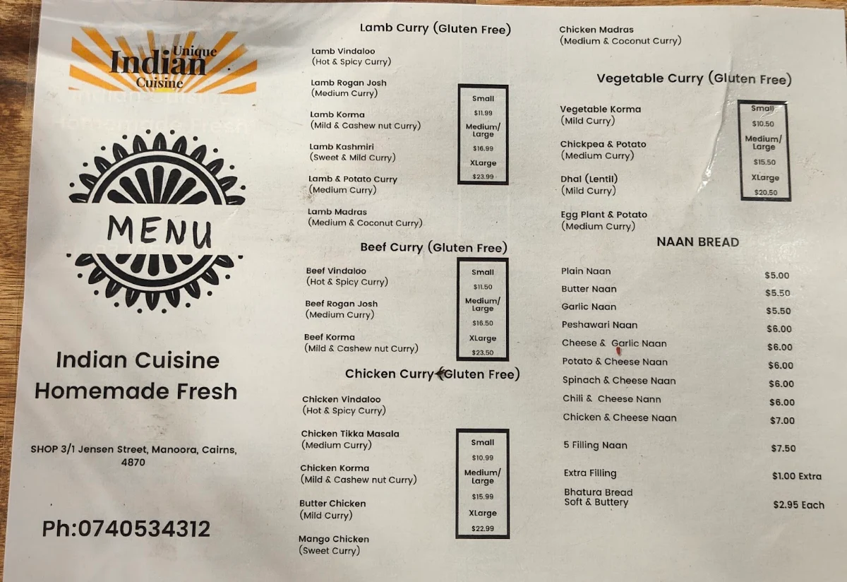 Menu, Unique Indian Cuisine