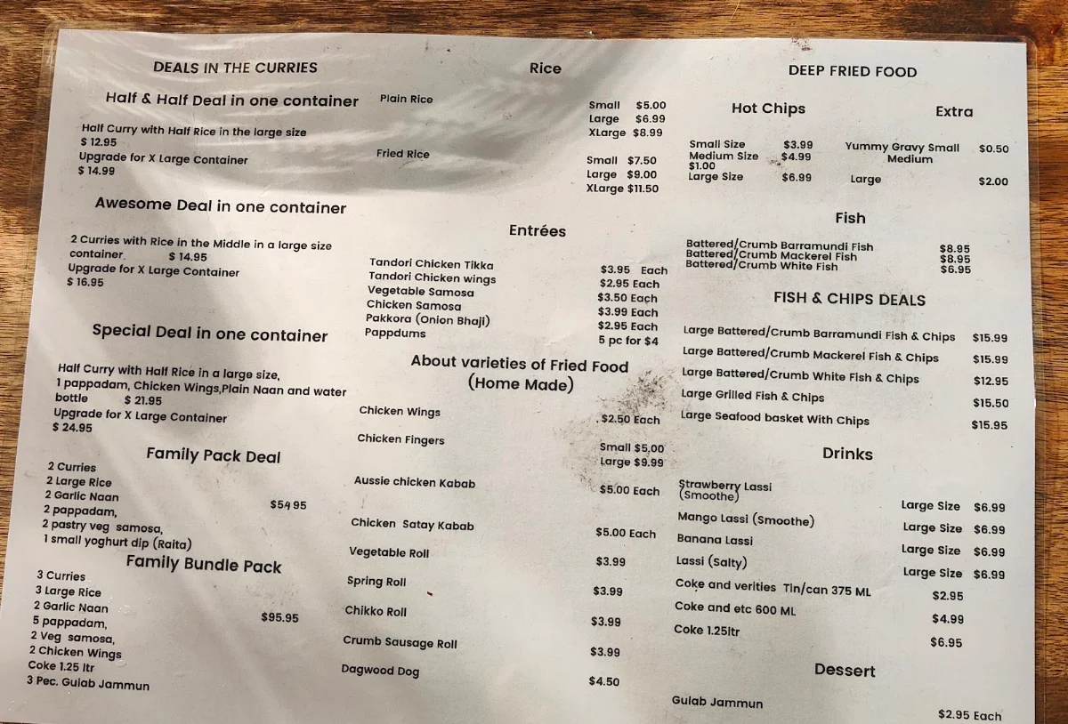 Menu, Unique Indian Cuisine