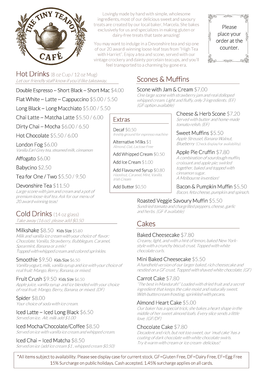 Menu, Tiny Teapot Cafe