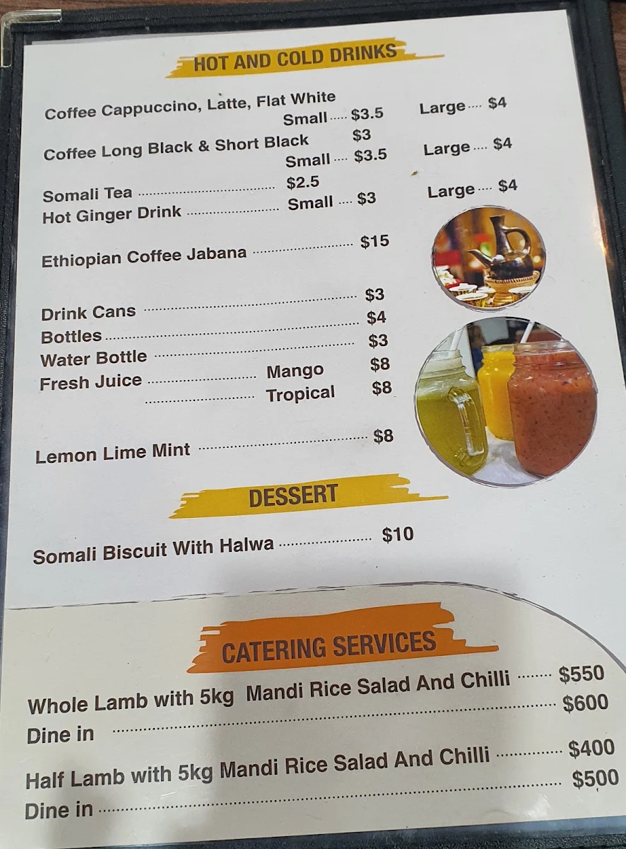 Menu, Salam Mandi Arabian and East African cuisines