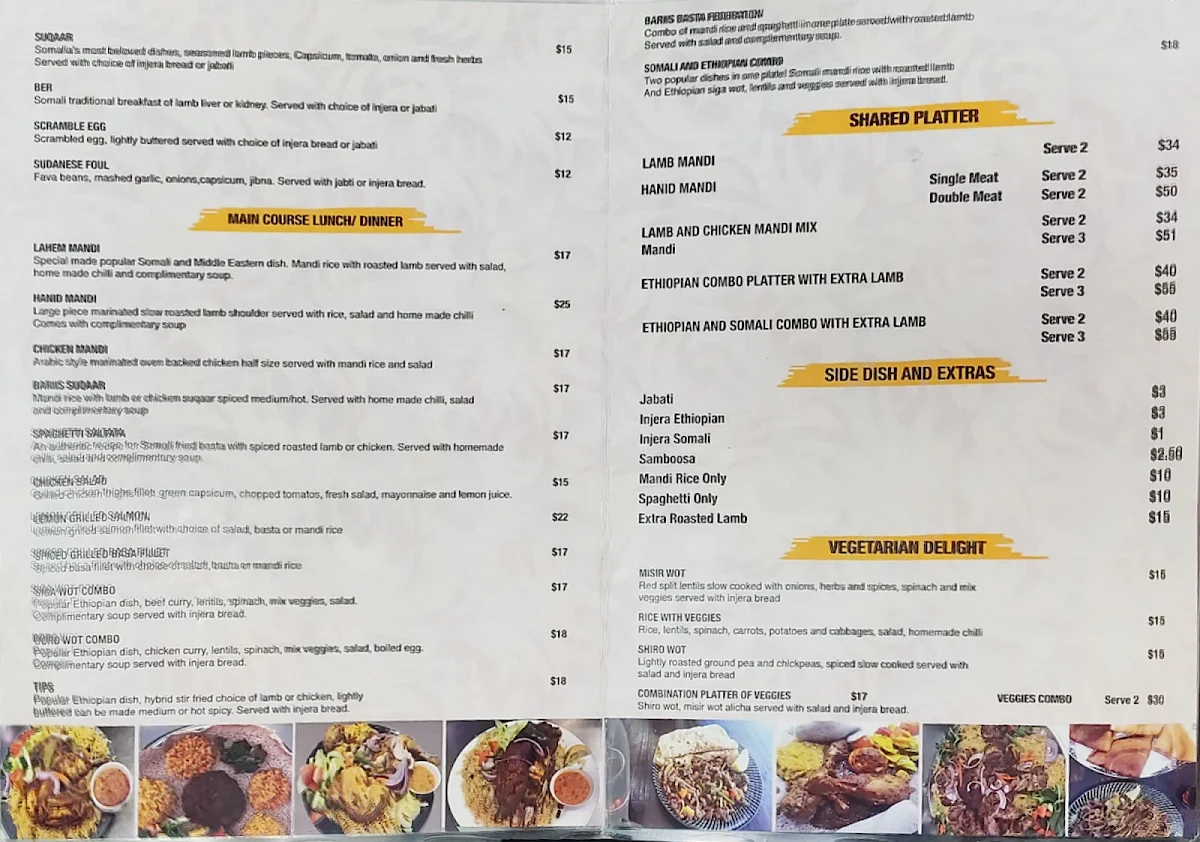 Menu, Salam Mandi Arabian and East African cuisines