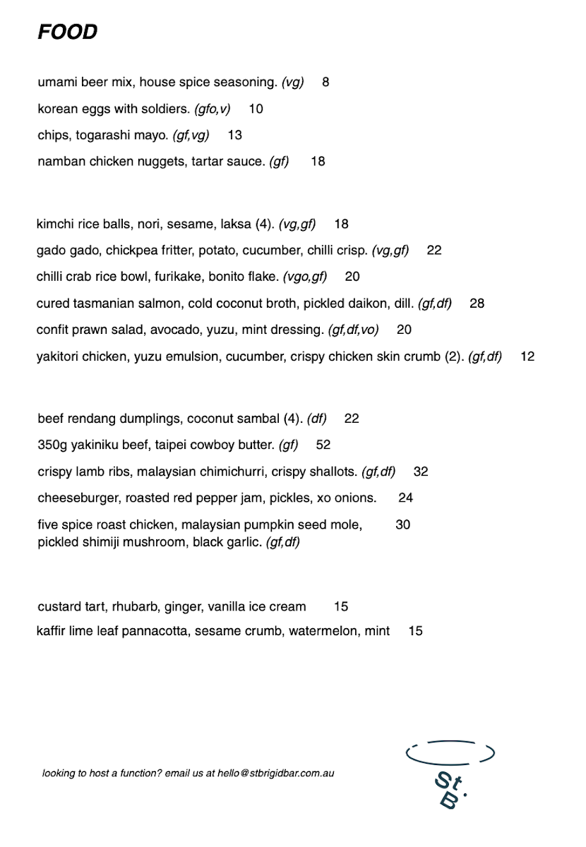 Menu, St Brigid Bar