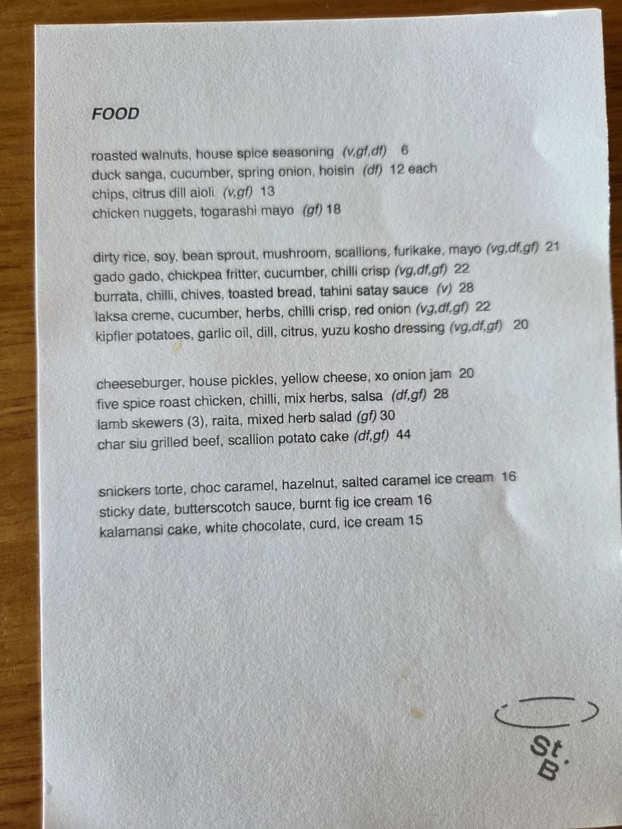 Menu, St Brigid Bar