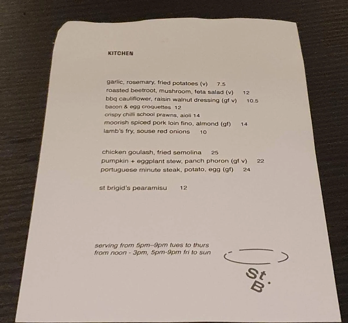 Menu, St Brigid Bar