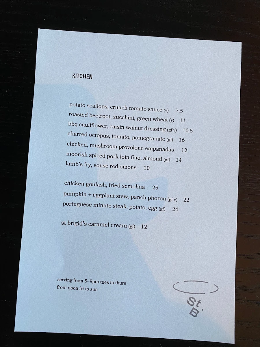 Menu, St Brigid Bar