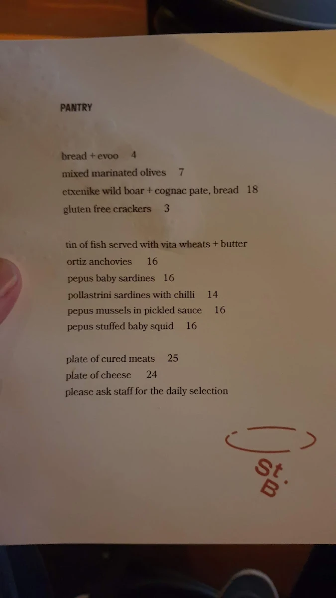 Menu, St Brigid Bar