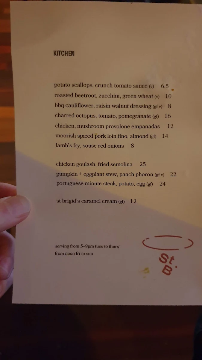 Menu, St Brigid Bar