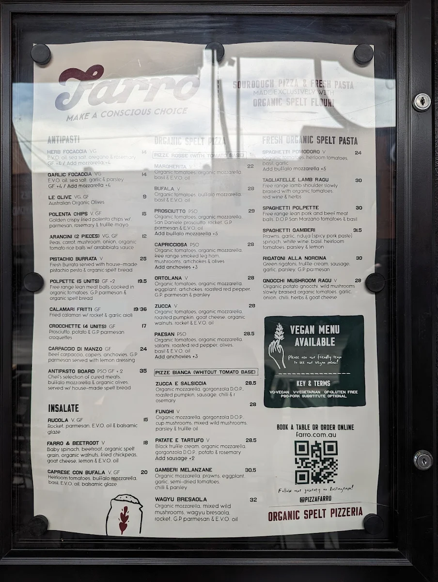 Menu, Farro Pizzeria & Bar Windsor