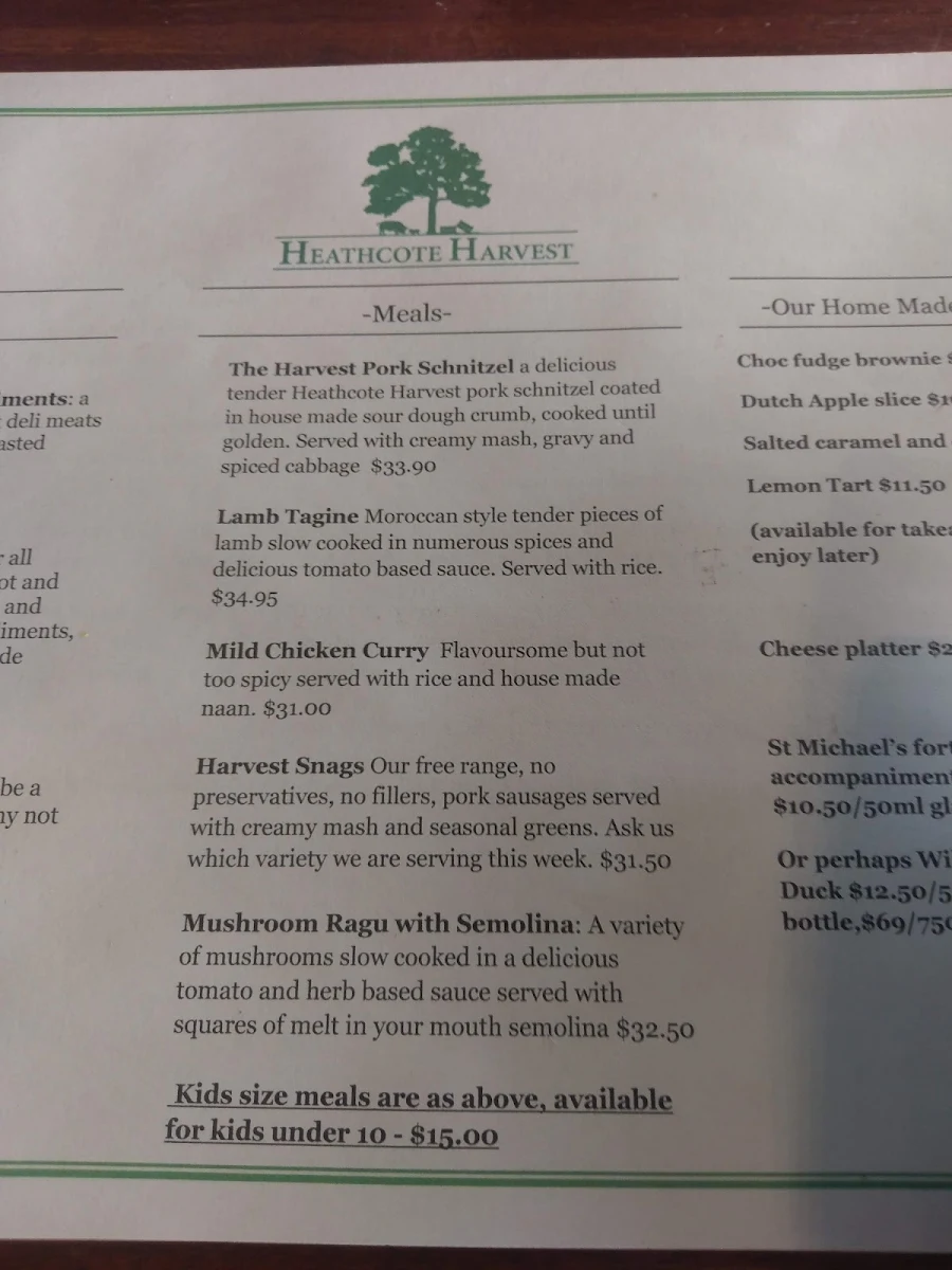 Menu, Heathcote Harvest