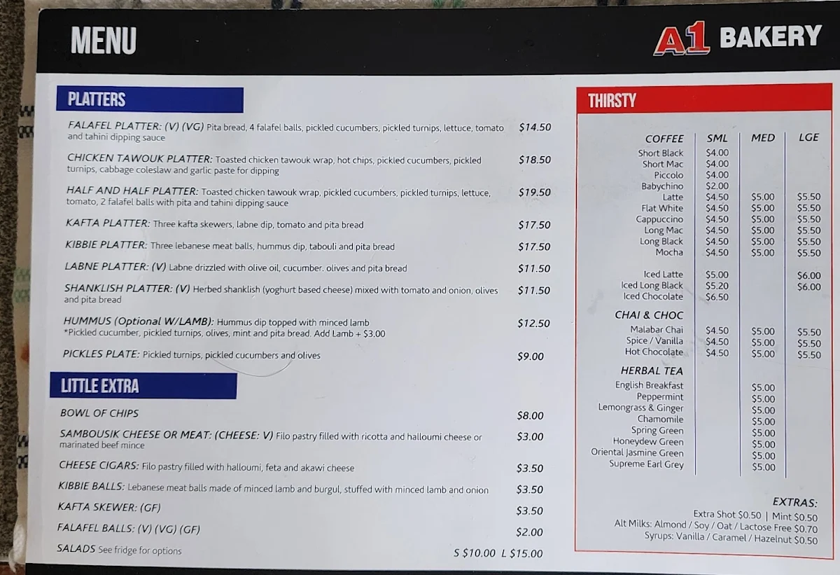 Menu, A1 Bakery Highpoint
