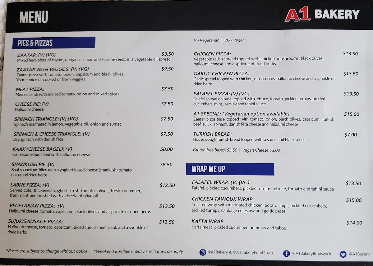 Menu, A1 Bakery Highpoint