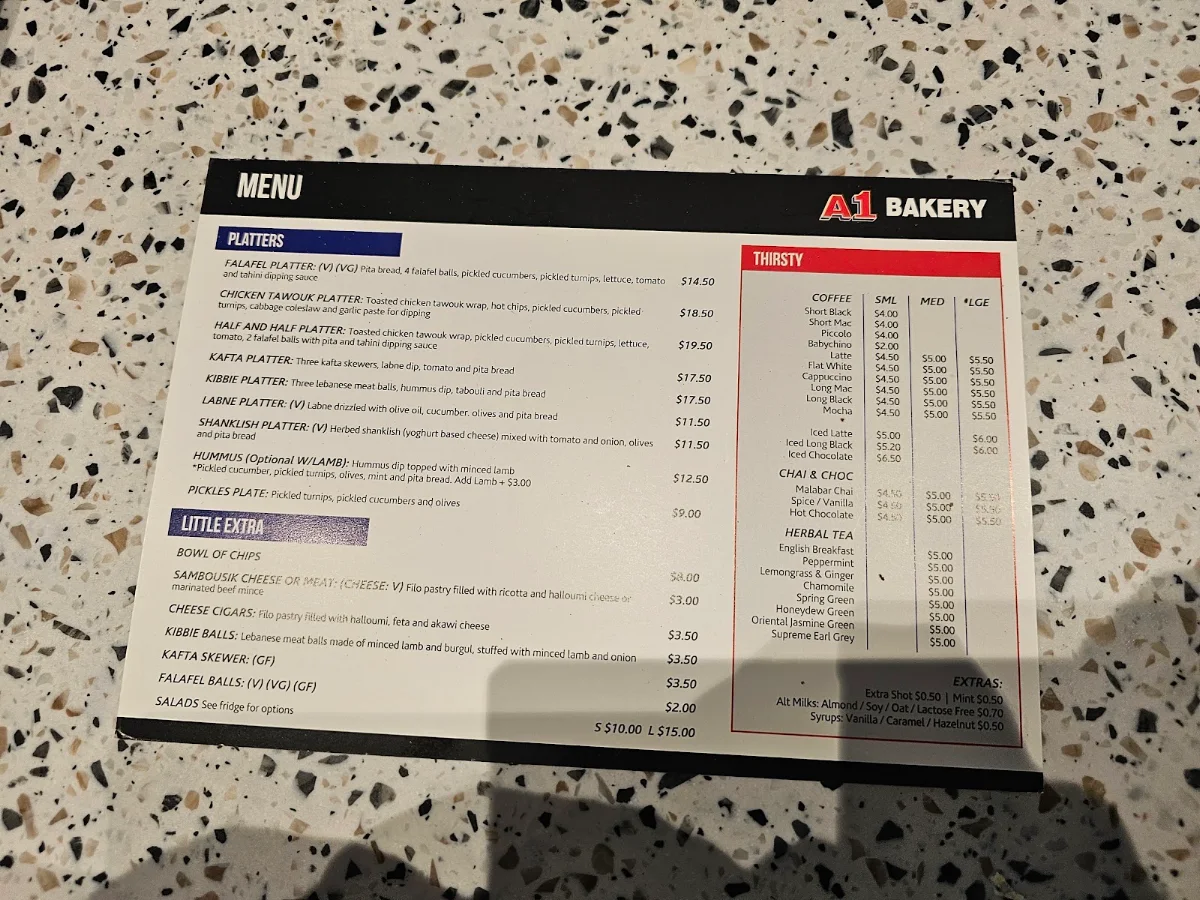 Menu, A1 Bakery Highpoint