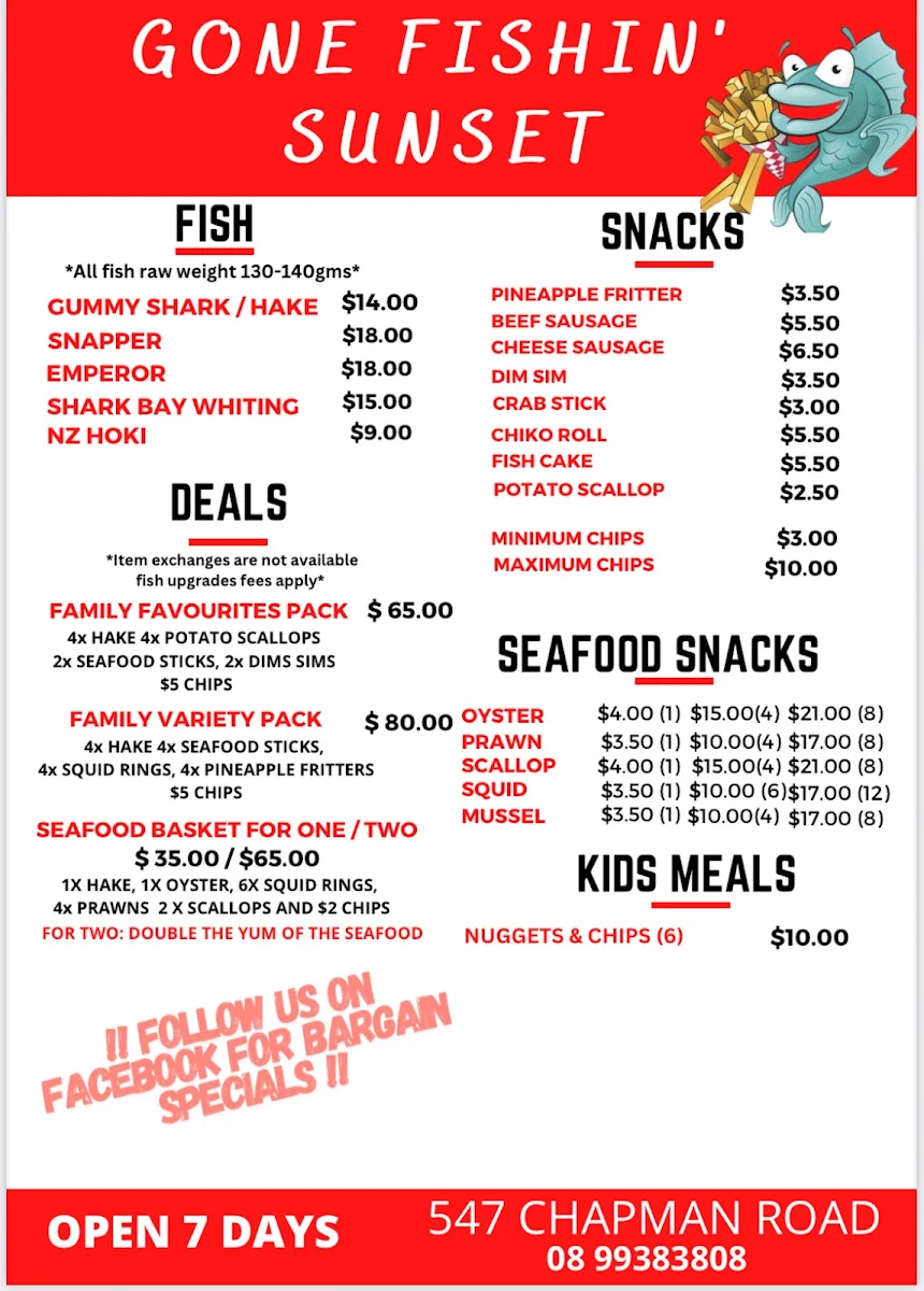 Menu, Gone Fishin’ Fish & Chips