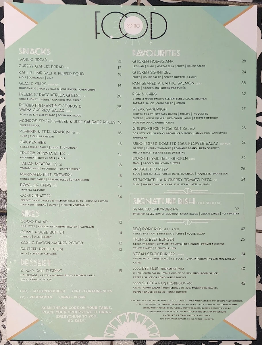 Menu, Como Hotel